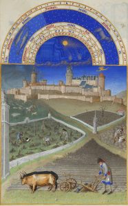 Plowing a French field (French ducal manor in March Les Très Riches Heures du Duc de Berry, c.1410): In the foreground, a farmer plowing a field with a plow pulled by two oxen; man the leader with a long pole. Winemakers prune the vine in a pen and till the soil with a hoe to aerate the soil. On the right, a man leans on a bag, presumably to draw seeds that he will then sow. Finally, in the background, a shepherd takes the dog that keeps his flock. In the background is the castle of Lusignan (Poitou), property of the Duke of Berry. Seen on the right of the picture, above the tower Poitiers, is a winged dragon representing the fairy Melusine.