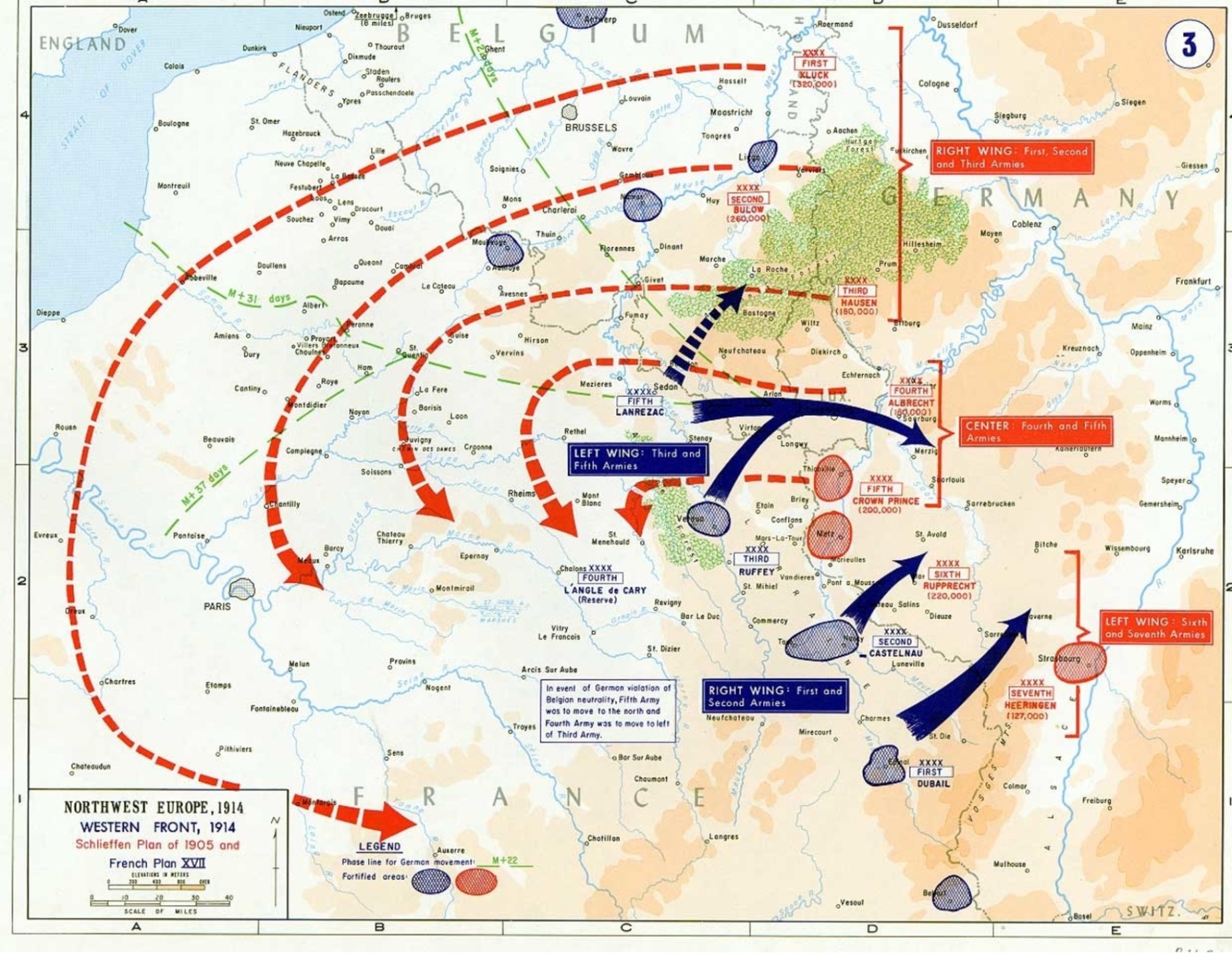 The Schlieffen Plan indicates movement of six armies split between a right wing, center, and left wing through Germany and France