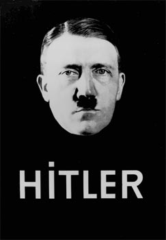 Floating photographic head of Hitler on stark black background with large print word Hitler below