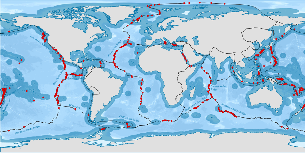 Distribution of hydrothermal vents (red dots) and their association with plate boundaries on a world map.
