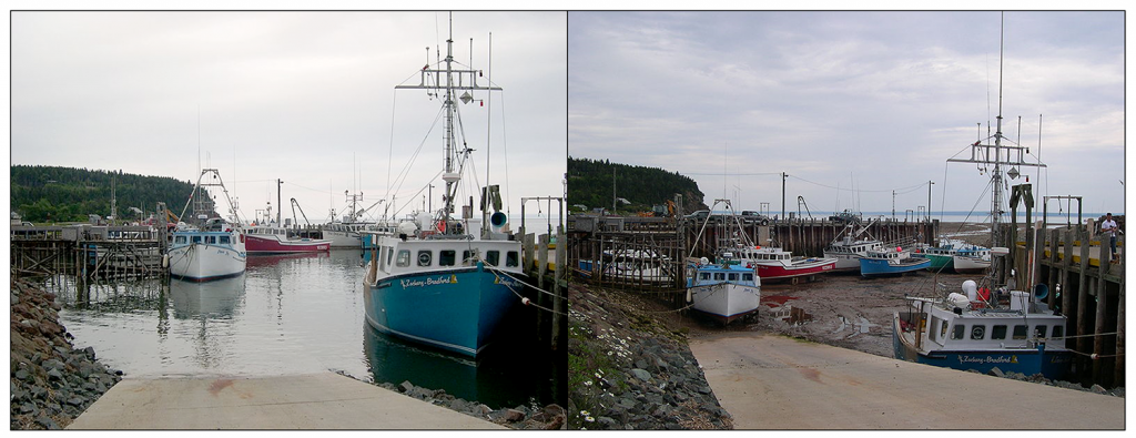 Two photographs of tidal range in the Bay of Fundy, Canada. Both photographs were taken on the same day in July 2003