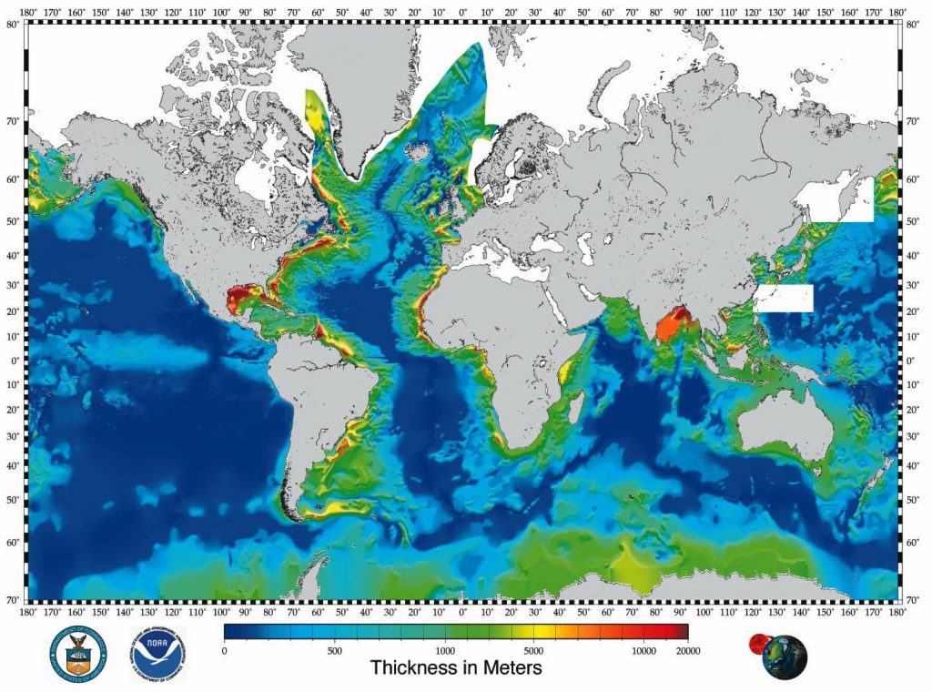 Map of total sediment thickness of the world ocean