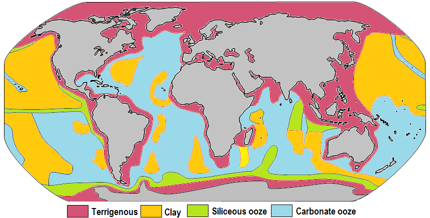 Map of the distribution of sediment types on the seafloor. Within each colored area, the type of material shown is what dominates, although other materials are also likely to be present.