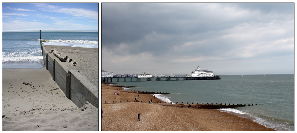 Two images. Left: A groin on Bolinas Beach, California. Longshore transport would be moving from right to left, accumulating sand on the right of the groin. Right: A groin field. Longshore transport would move from the bottom of the picture towards the top.