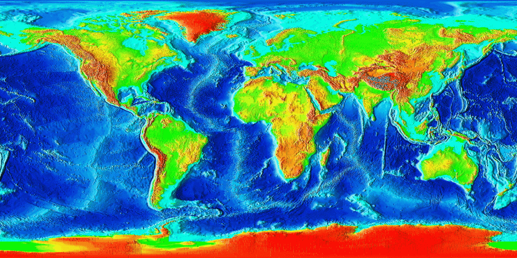 Ocean floor topography. The mid-ocean ridge system can be seen as the light blue chain of mountains running throughout the oceans.