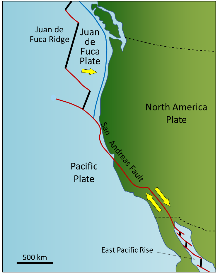 Transform faults along the U.S. west coast - illustration includes the Juan de Fuca Ridge, the Juan de Fuca Plate, the San Andreas Fault, the Pacific Plate, and the East Pacific Rise.