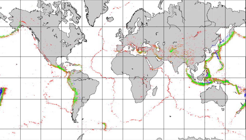 Global distribution of earthquakes. Red dots indicate shallow earthquakes (<33 km deep), green and blue indicate deep earthquakes