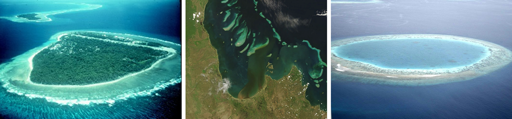 Aerial photographs of a fringing reef (left), barrier reef (center), and atoll (right).