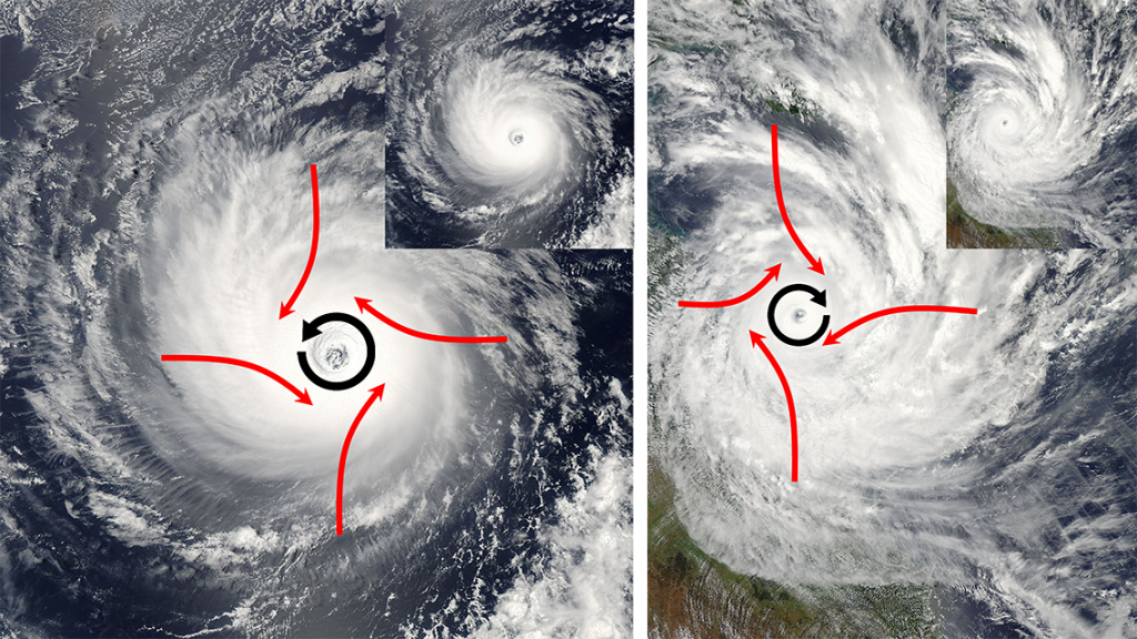 Hurricanes in the Northern Hemisphere rotate counterclockwise (left, Hurricane Daniel, 2006), as air rushes towards the center and is deflected to the right by the Coriolis Effect. In the Southern Hemisphere, hurricanes rotate clockwise as the Coriolis deflection is to the left (right, Cyclone Yasi, 2011).