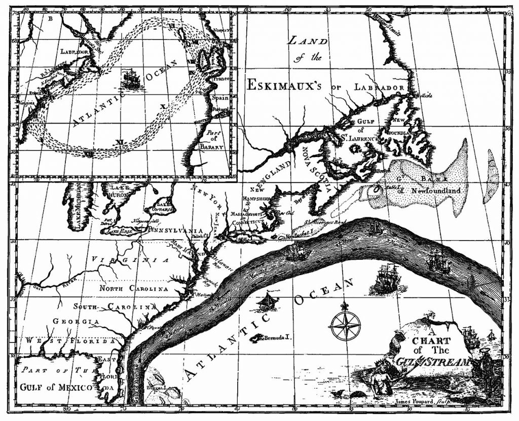 A picture of Benjamin Franklin's original map of the Gulf Stream