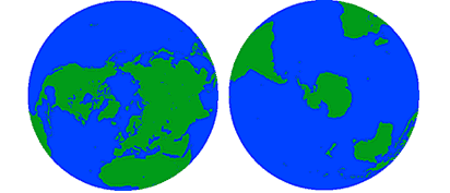 Ocean cover in the Northern and Southern Hemispheres. Two pictures each represent one hemisphere on the globe, with landmasses and ocean cover.