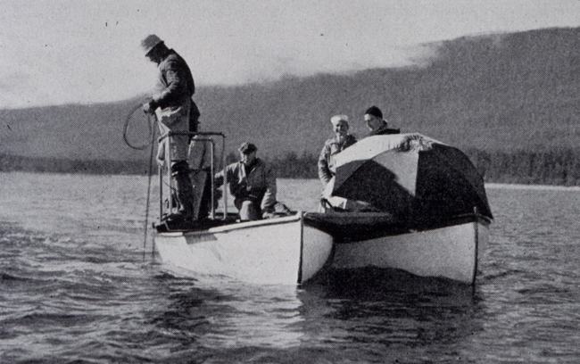 Lead line survey from a catamaran hull in Alaska, 1942. Black and white photo.