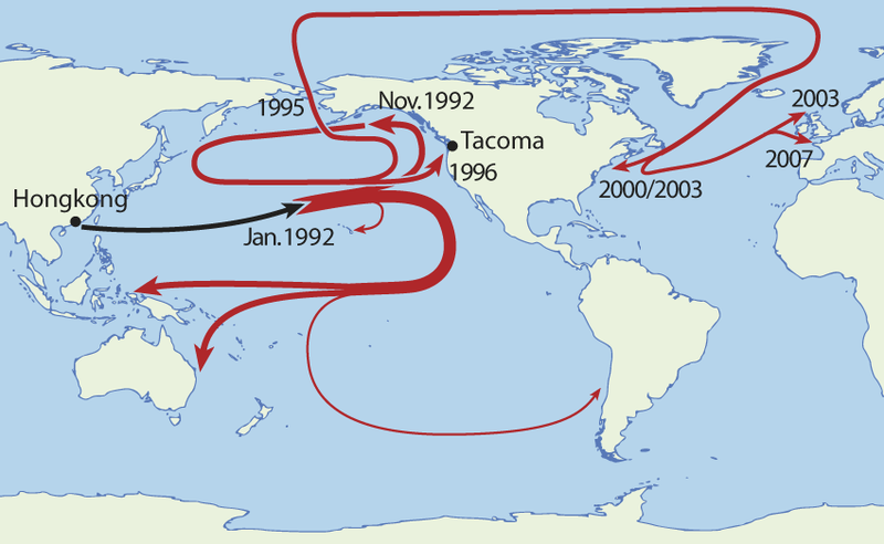 Map of paths taken by the floating toys lost from the Ever Laurel in 1992, showing the years in which toys were found in different locations