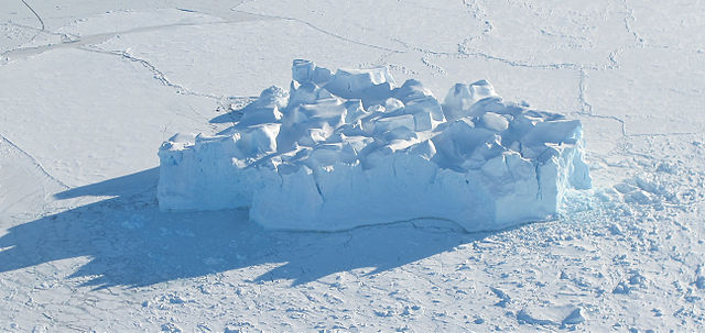 Image of an iceberg (glacial ice) embedded in a thinner layer of sea ice