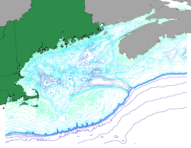 Bathymetric map of the Gulf of Maine. The steep continental slope is represented by the high density of depth contours as the colors transition from light blue to dark blue. The well-spaced dark blue lines in the bottom right of the figure represent the relatively flat deep seafloor.