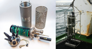 Left: The inner workings of a CTD. An array of different probes are attached. Right: A CTD in a protective cage ready to be deployed at sea