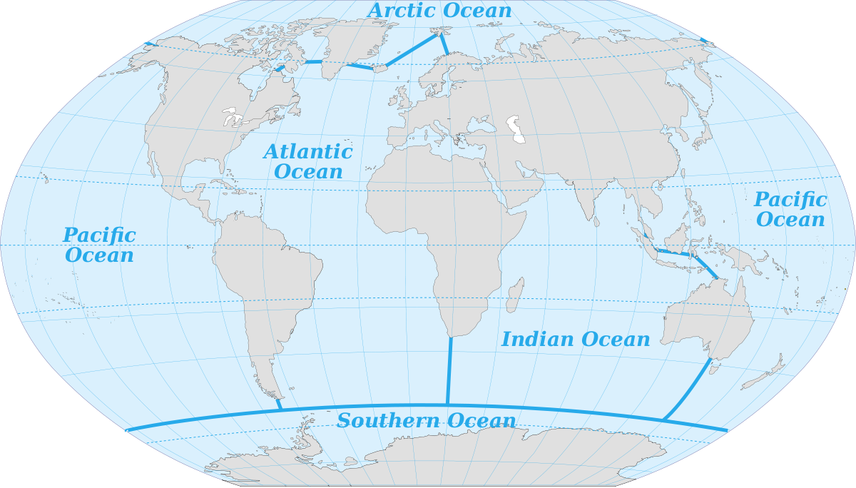 Map of the world oceans: Arctic, Pacific, Atlantic, Indian, and Southern.
