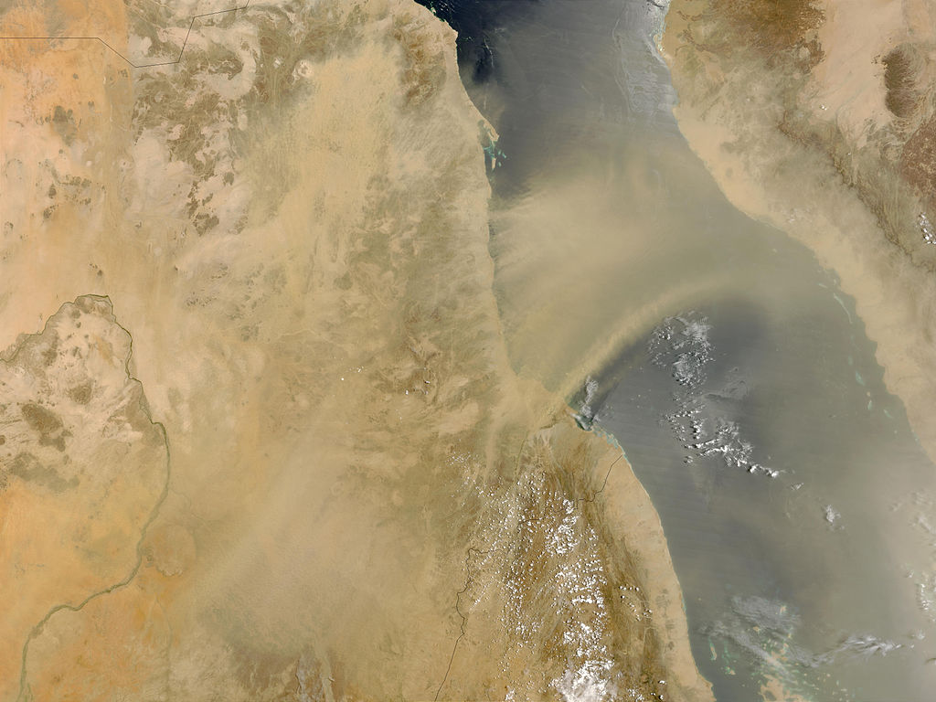 Photograph of a plume of wind-borne particles from Sudan (left) blow over the Red Sea