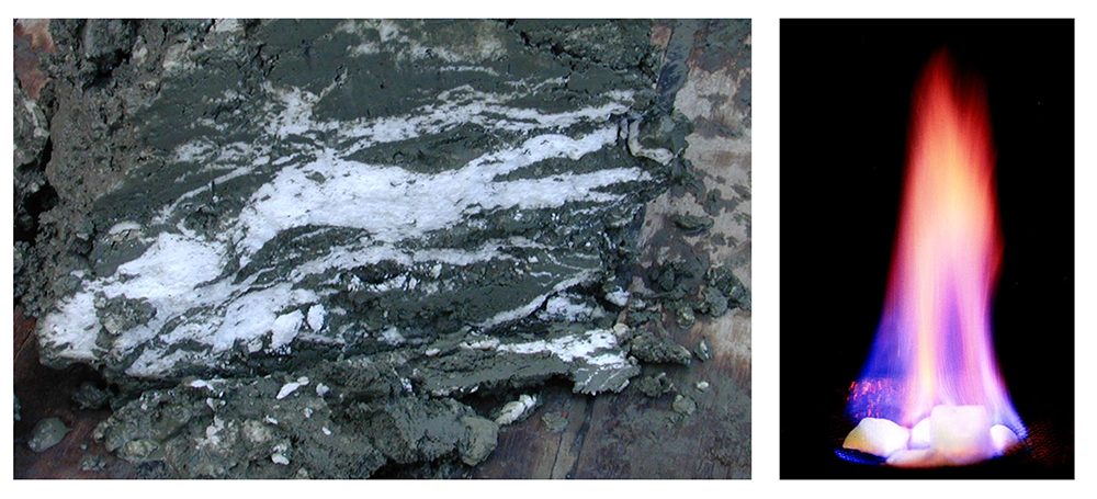 Two images. (Left): Methane hydrate within muddy sea-floor sediment from an area offshore from Oregon. (Right): Methane hydrate on fire