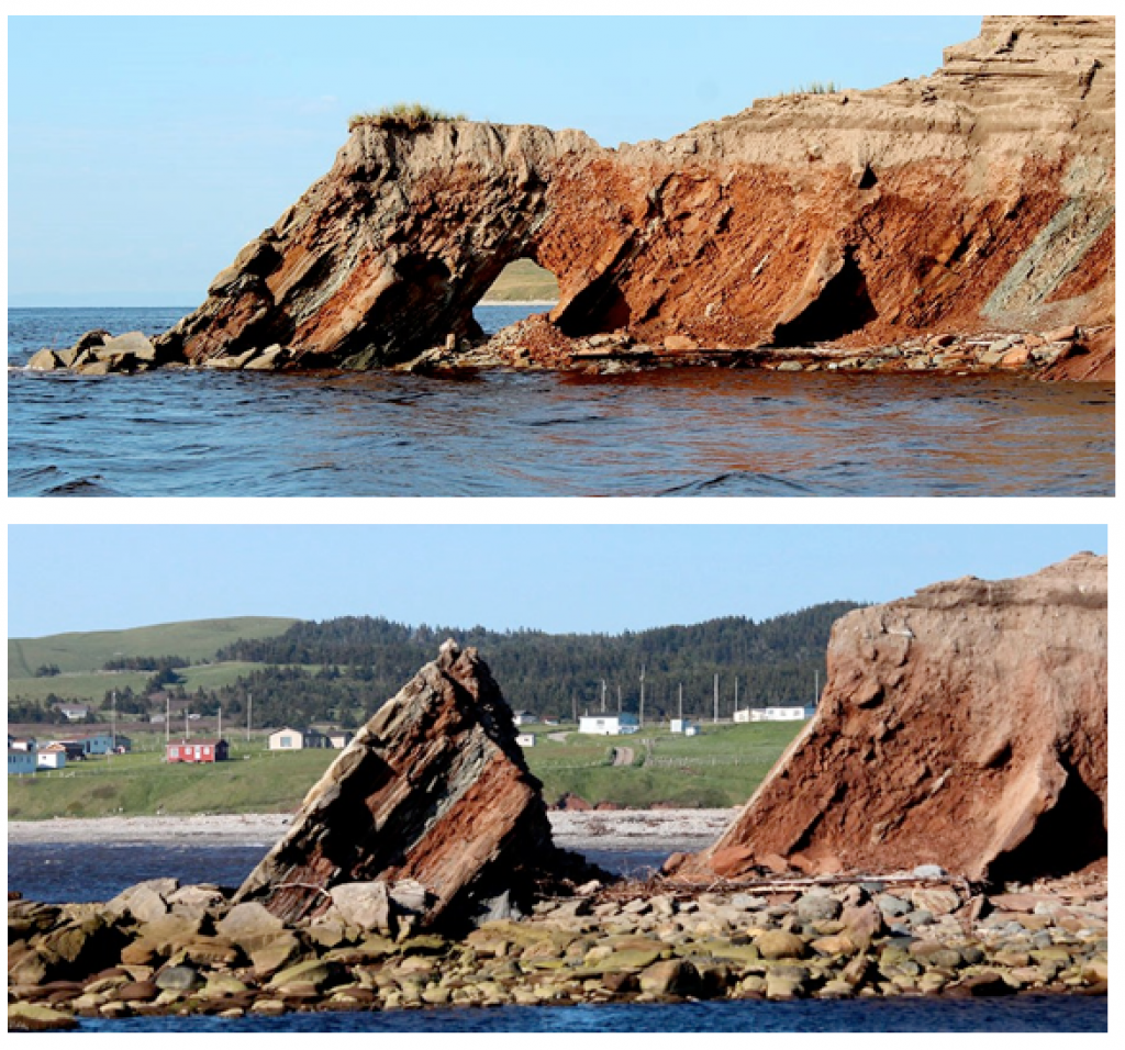 Two images. Top: An arch in tilted sedimentary rock at the mouth of the Barachois River, Newfoundland, July 2012. Bottom: The same location in June 2013. The arch has collapsed and a small stack remains.