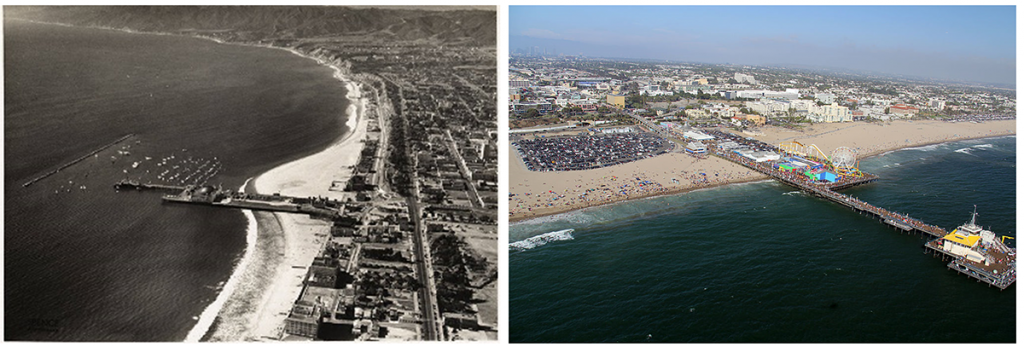 Two images. Left; aerial image of Santa Monica Pier and breakwater from 1936. Right; Santa Monica Pier in 2011.