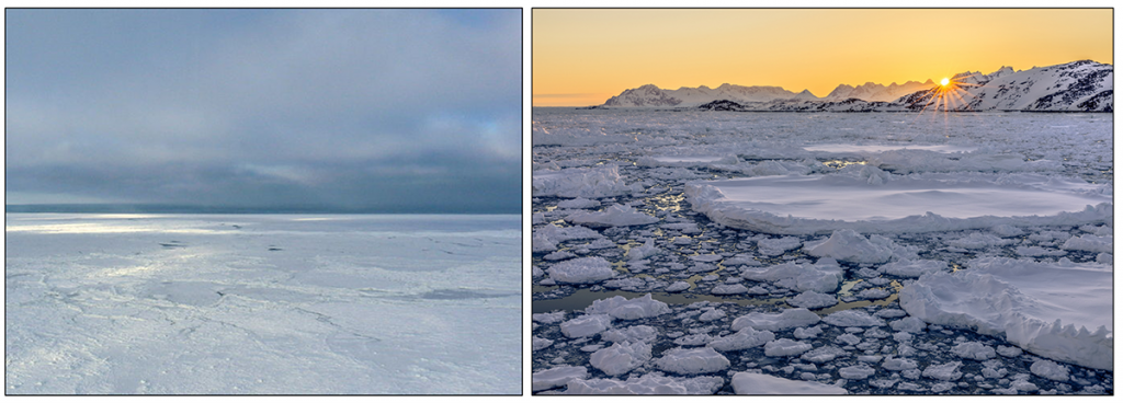 Two images. Fast ice (left) and pack ice (right).