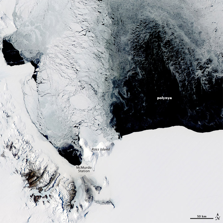 Aerial image of a polynya near McMurdo Station in Antarctica