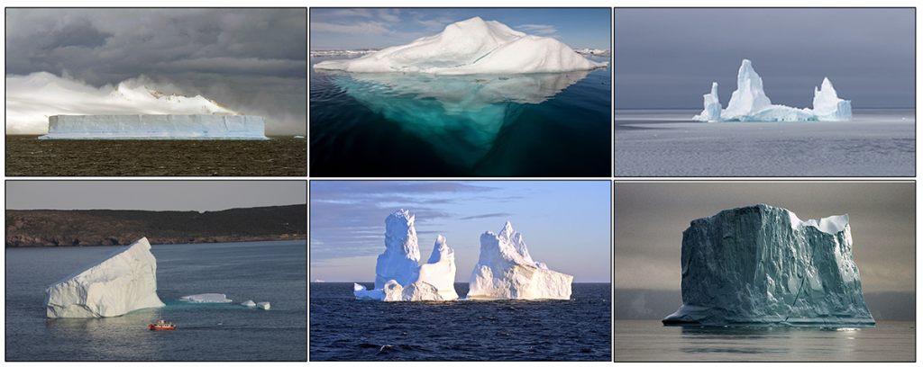 Six images. Icebergs can be classified based on their shapes. Clockwise from top left: tabular, domed, pinnacled, blocky, drydock, and wedge icebergs.