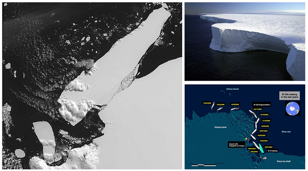 Two images and one map. Left: Image of an iceberg B-15 soon after breaking off of the Antarctic ice sheet in 2000. Top right: Aerial image of a section of B-15A, a piece of the B-15 iceberg in January 2002.  Bottom right: Map showing the path of the B-15A iceberg over several years