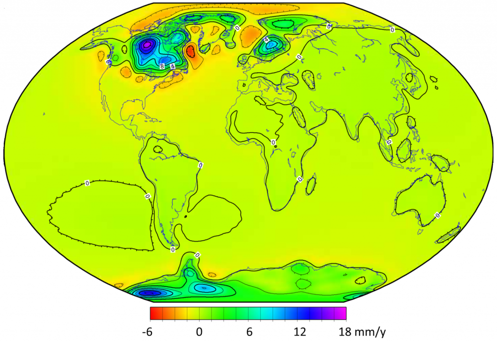 Global rates of isostatic adjustment. The highest rate of uplift is in within a large area to the west of Hudson Bay