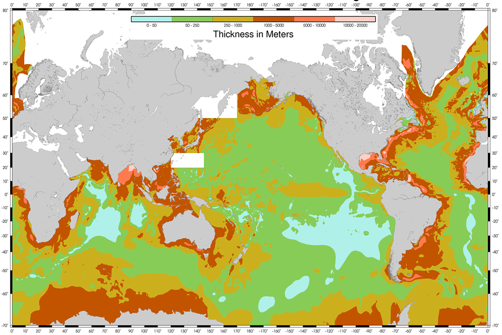 Seafloor sediment thickness in meters