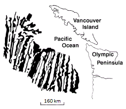 Pattern of magnetic anomalies in oceanic crust in the Pacific northwest. Picture shows the Pacific  Ocean, Vancouver Island, and the Olympic Peninsula.