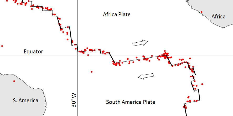 This illustration provides a closer look at magnitude (M) 4 and larger earthquakes in an area of divergent boundaries in the mid-Atlantic region near the equator. The Africa and South America Plate are highlighted in this illustration.