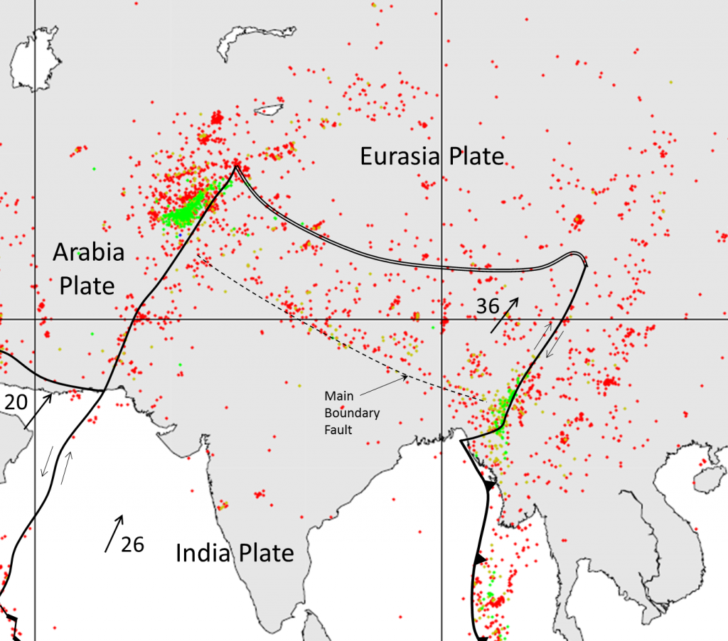 The distribution of earthquakes in the area of the India-Eurasia plate boundary