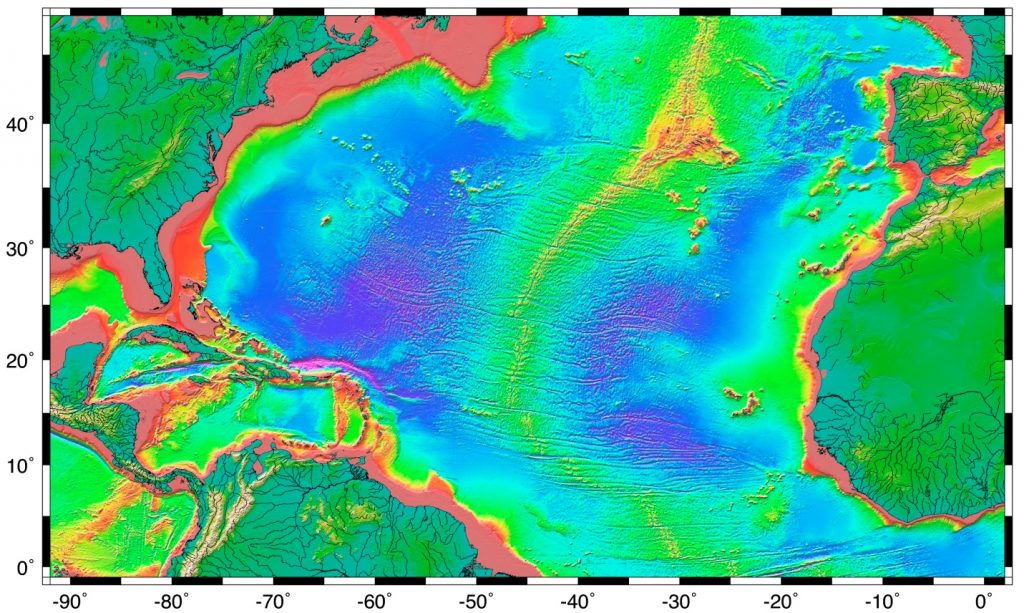 Topography of the North Atlantic. Shallow continental shelf regions are shown in red, and the abyssal plain is shown in blue. Along the east coast of the United States the continental slope can be seen in green