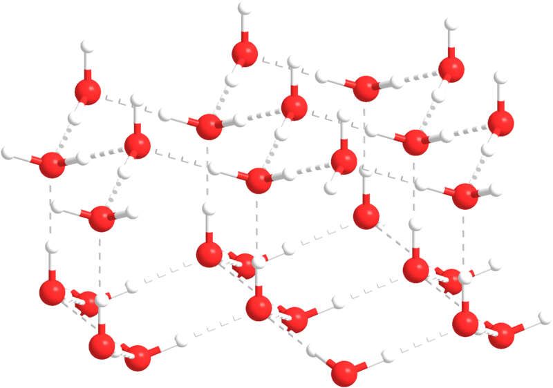 Crystal lattice structure of ice, showing water molecules held together by hydrogen bonds.