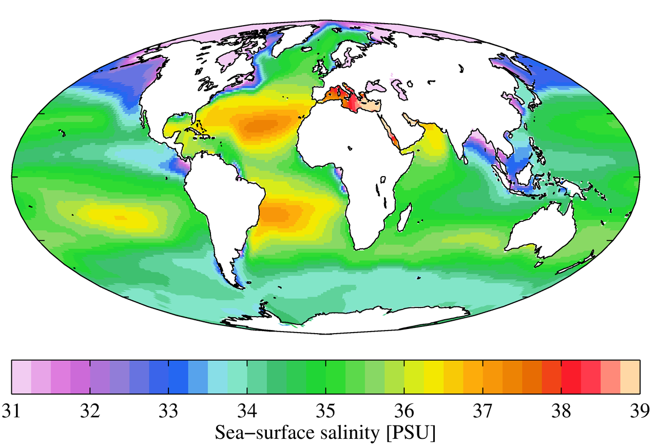 Annual mean global sea surface salinity (PSU)