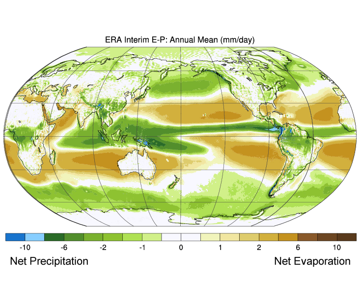 Map of annual mean global differences in evaporation and precipitation