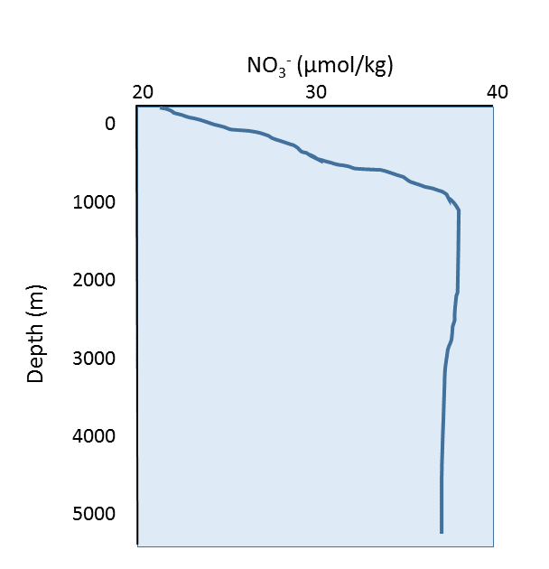 Representative nutrient profile in the open ocean. While this profile shows nitrate abundance, the profile is similar for other nutrients such as phosphate and silica - x-axis represents Nitrates and the y-axis represents depth in meters