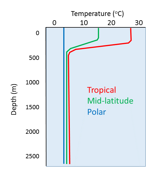 Representative temperature profiles for tropical, mid-latitude, and polar regions. The y-axis represents depth in meters from 0 to 2500 and the x-axis represents degrees in Celsius from 0 to 30.