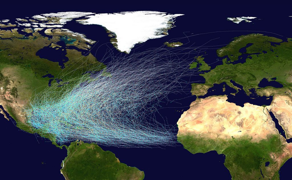 Map of hurricane tracks in the North Atlantic from 1980-2005. Hurricanes begin near the coast of Africa and are blown westward by the trade winds. Coriolis deflection causes them to take a northward path as they approach the Caribbean
