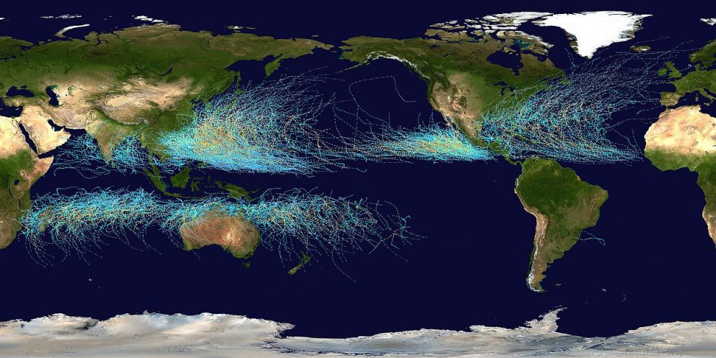 Map of global hurricane/cyclone tracks 1985-2005. Hurricanes move west via the trade winds, and their paths are deflected away from the equator in both hemispheres as they approach the continents