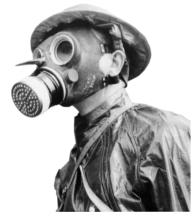 An image of a soldier of WWI with a gas mask for protection in battle.