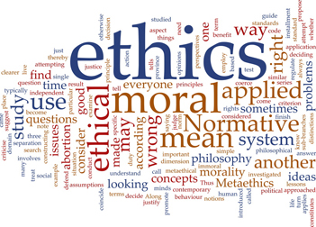 A decorative image depicting many different terms for ethics in a Word Cloud