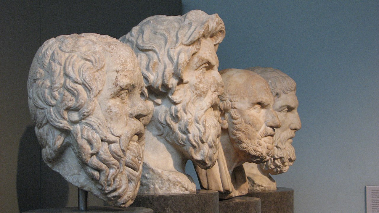 Marble portrait heads of four philosophers in the British Museum. From foreground: Socrates, Antisthenes, Chrysippos, Epicurus. All are Roman copies after Hellenistic originals.