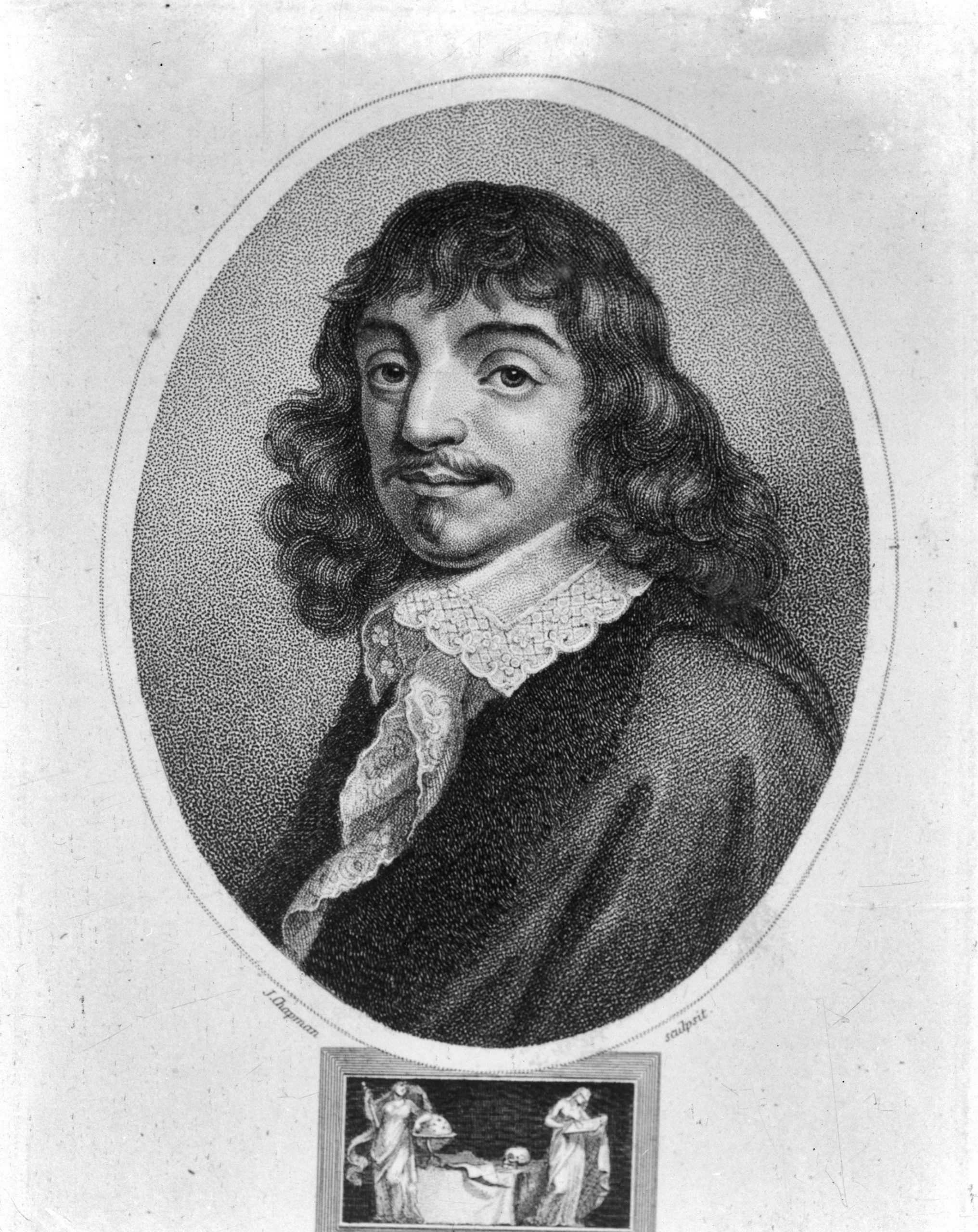 Portrait of René Descartes, bust, three-quarter facing left in an oval border.