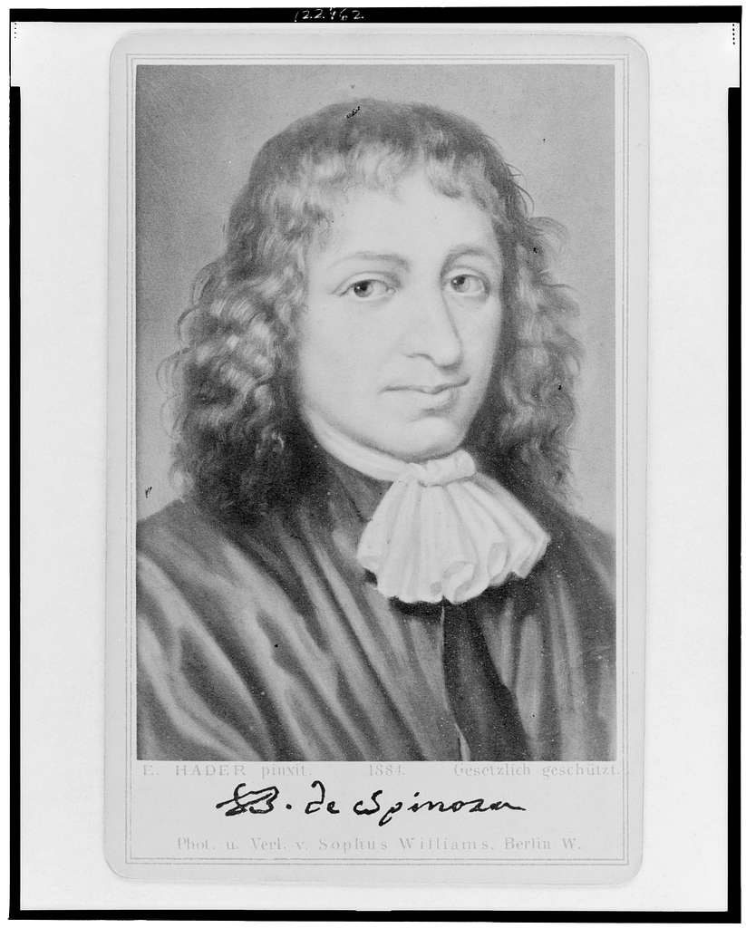 Benedictus de Spinoza, head-and-shoulders portrait, facing slightly right. Photograph by Sophus Williams of painting(?) by E. Hader.