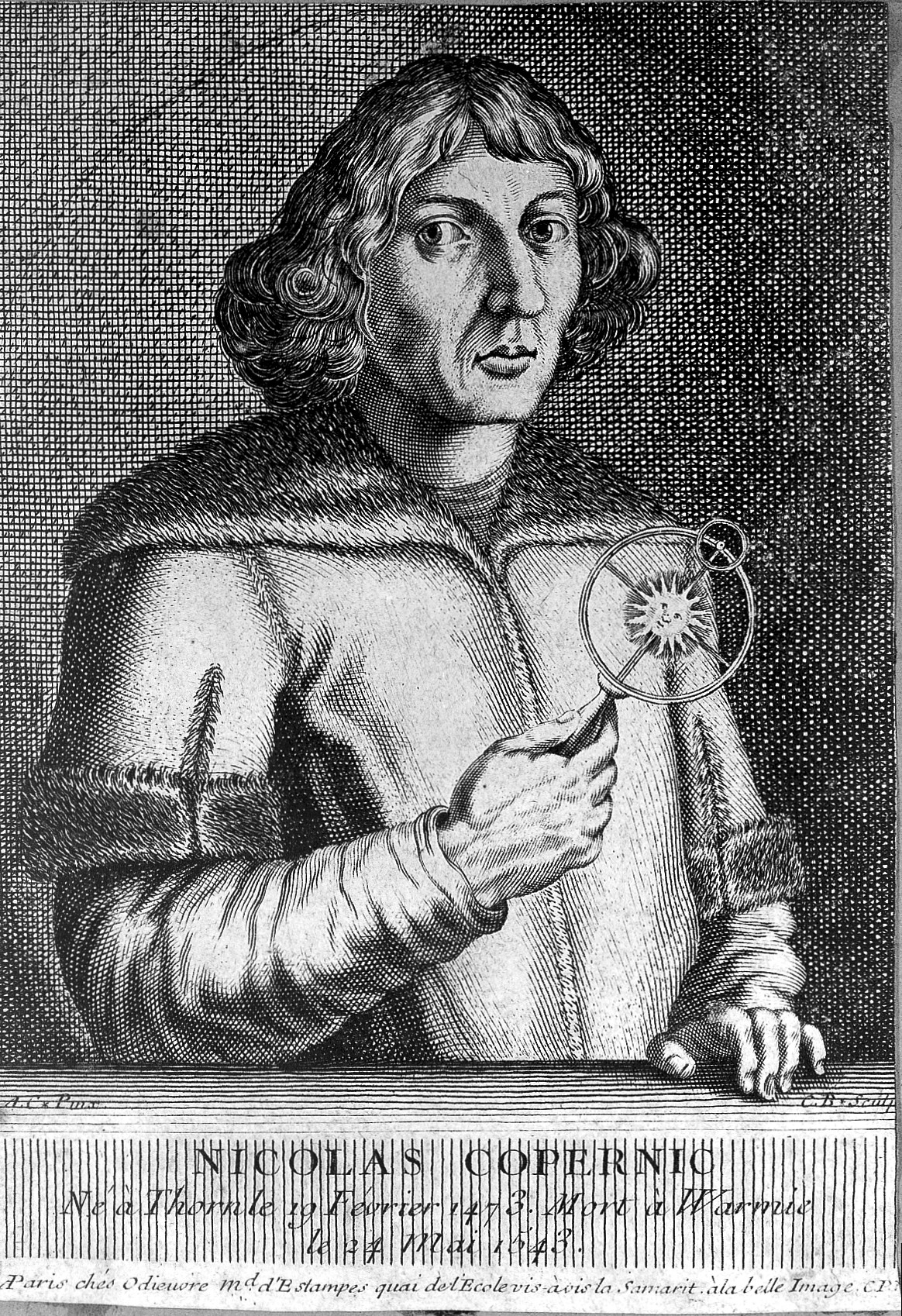Drawing of Nicholas Copernicus holding a scientific instrument