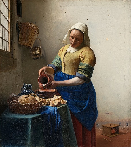 Maid with milk jug pouring into a bowl.
