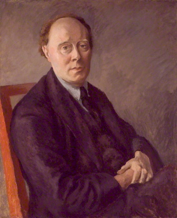 Portrait of Clive Bell sitting in chair, with hands crossed over lap.